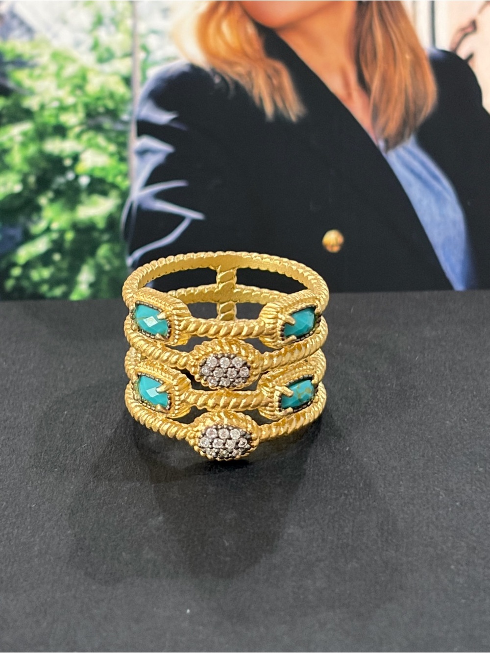 NWOT SZ 9 Freida Rothman gold plated over sterling turquoise & pave stacked ring